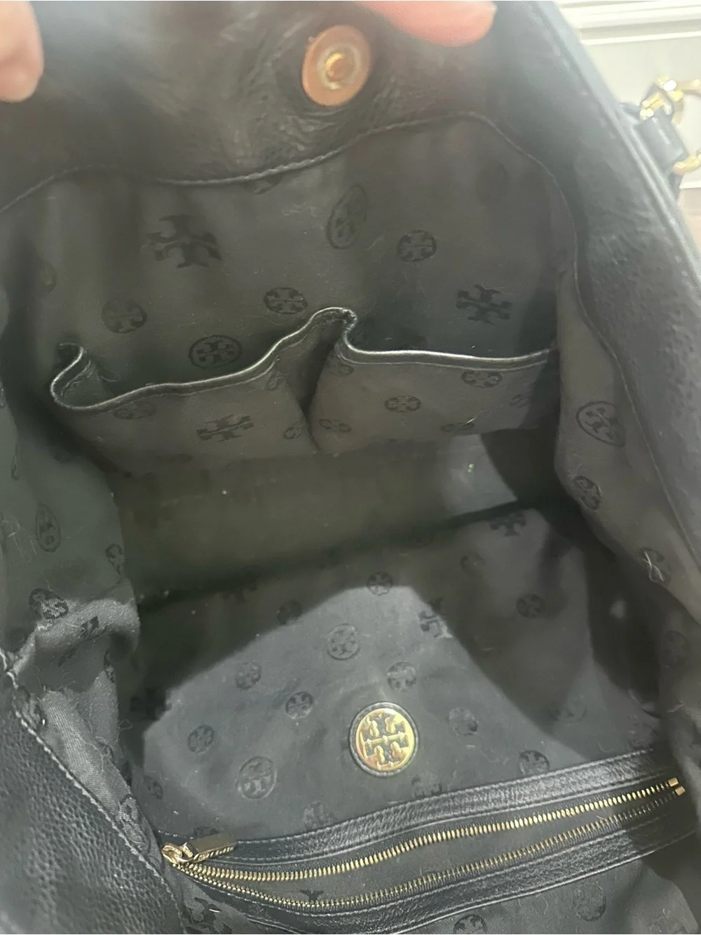 Tory Burch Black Pebbled Leather Tote with Gold Chain Accents